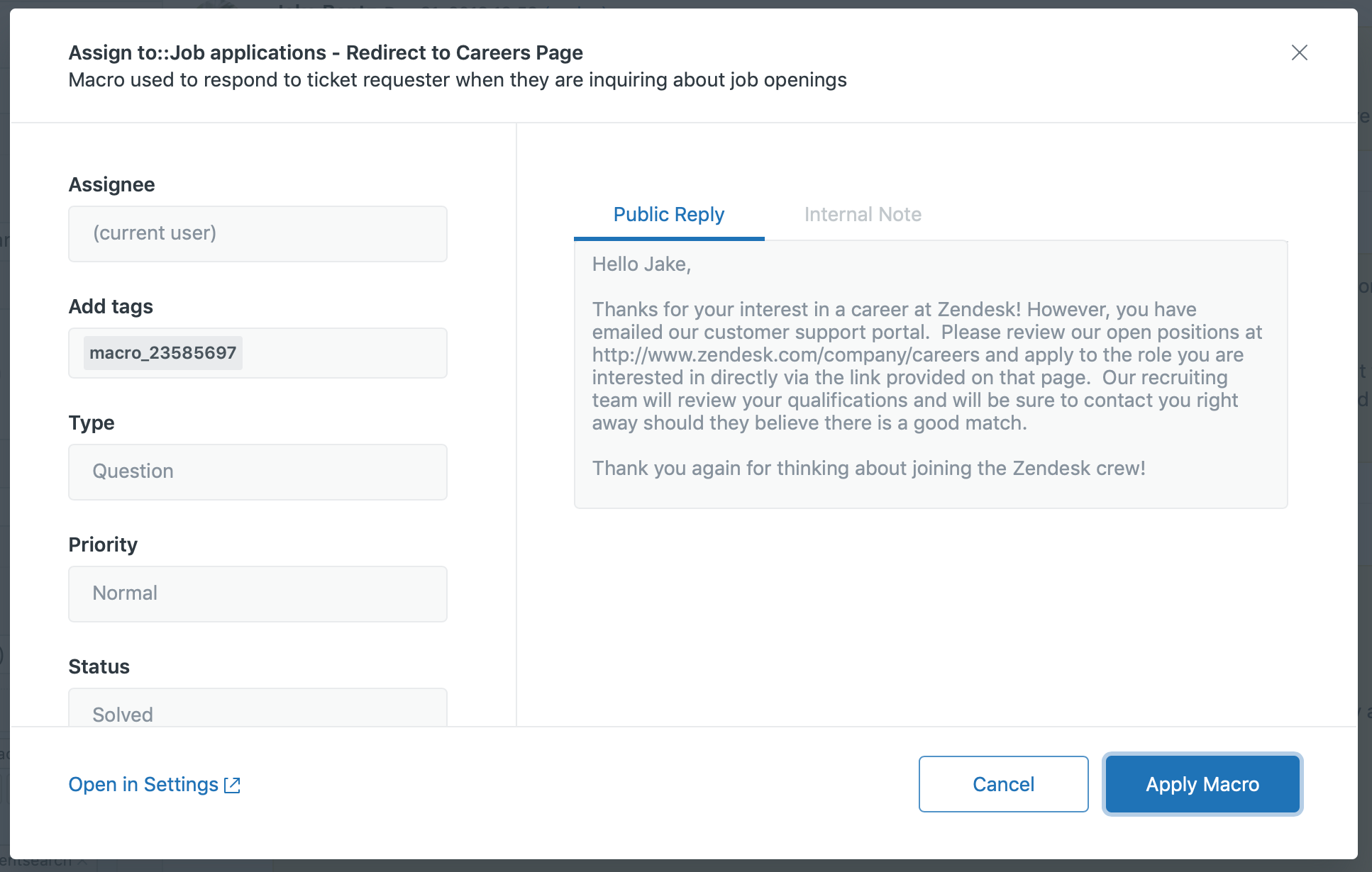 Zendesk macro preview screen