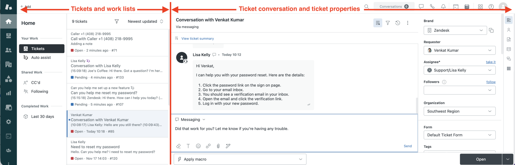 Zendesk Agent Home ticket list in split view